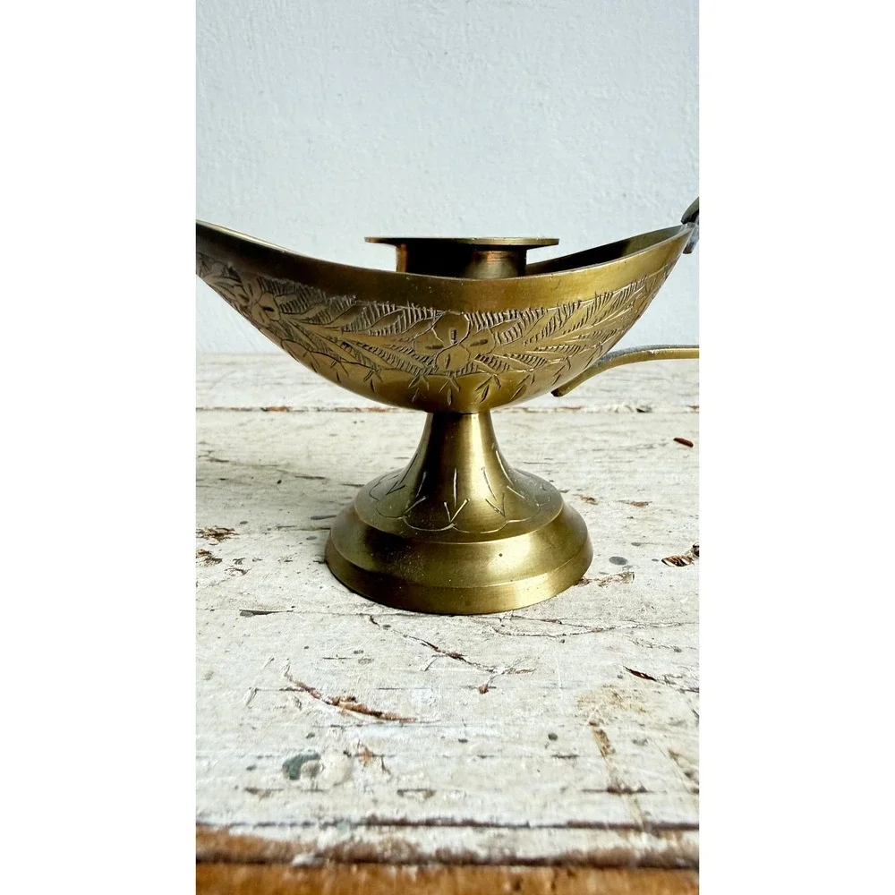 Vintage Etched Brass Genie Lamp Taper Candle Holder Boho Decor 6.25 Inch